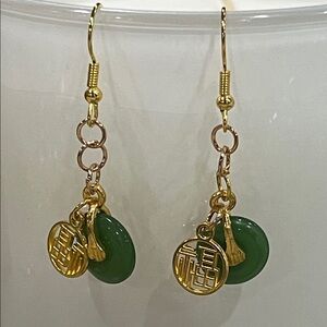 Elegant Gold and Green Jadeite Dangle Earrings